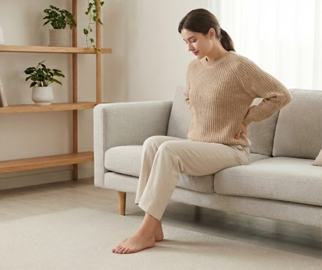 Woman with lower back pain sitting on a sofa at home, illustrating sciatica and false sciatica discomfort.