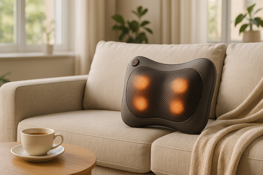 Massage pillow with heating nodes on a sofa – popular for back and neck relief at home