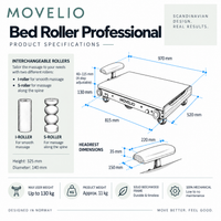 Movelio Bed Roller Professional shown with product information for shared-use environments.
