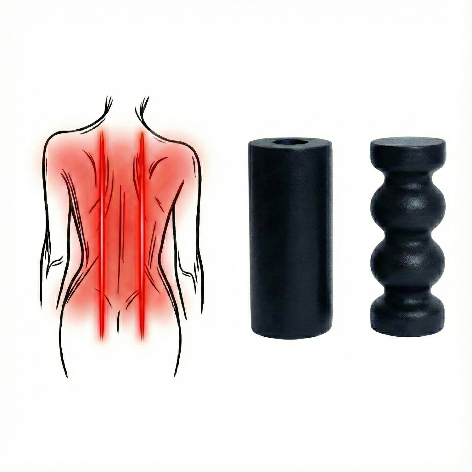 Black I and S-Roller roller with a body illustration showing back pain on a white background