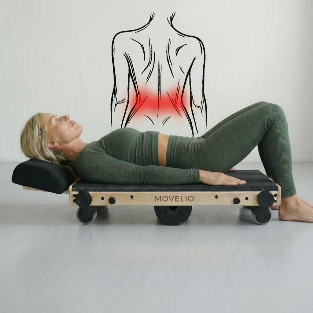 Person using a MOVELIO Bed Roller on the floor with a diagram of a back showing pain.