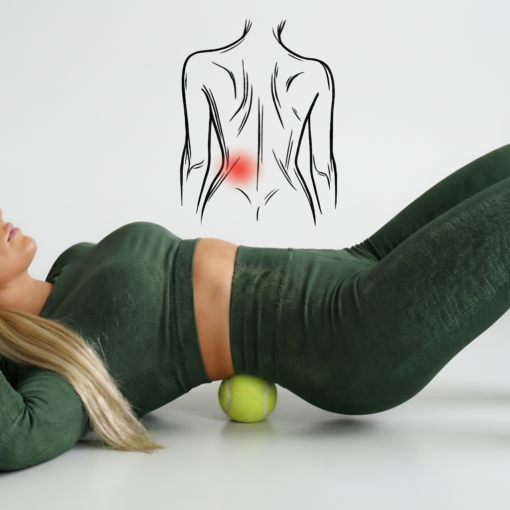 Woman lying on a green massage ball with a diagram of a back showing pain on a gray background.