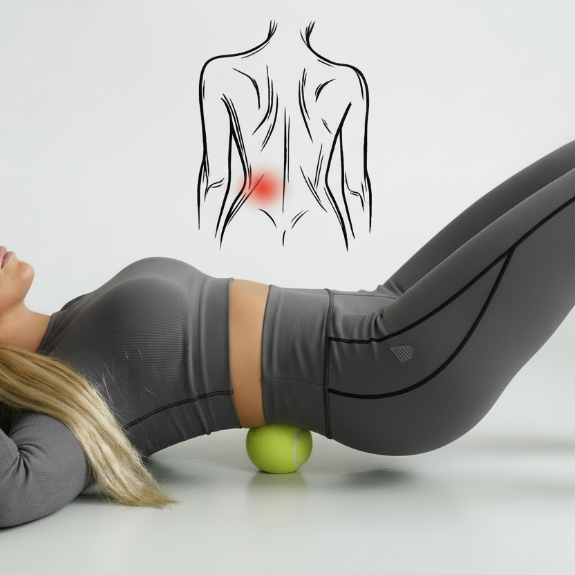 Woman lying on a white surface with a green tennis ball, demonstrating a back massage.