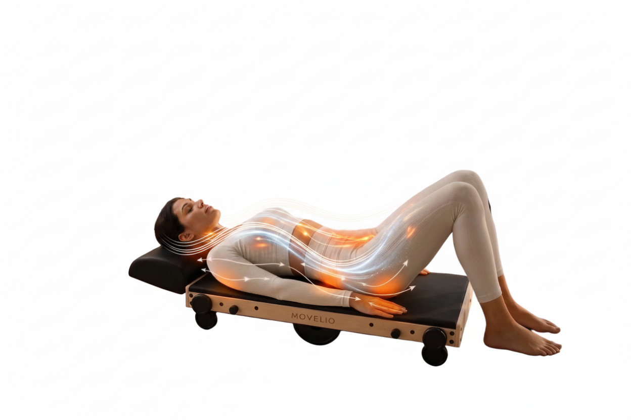 Illustration of controlled movement along the spine using Movelio Bed Roller Professional at home
