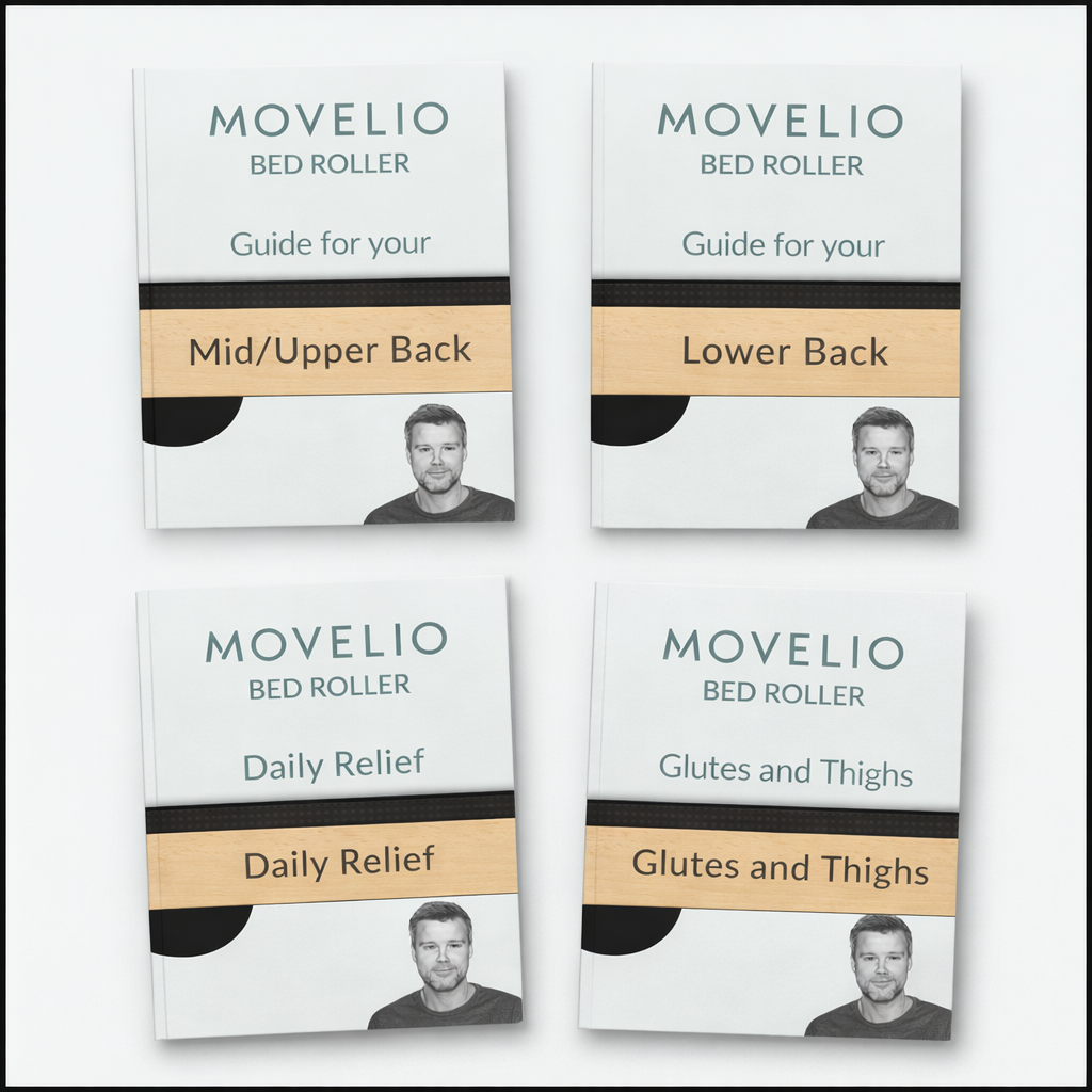 Four digital guide eBooks for Movelio Bed Roller by physiotherapist Stian Engum, included free with every Movelio Bed Roller purchase