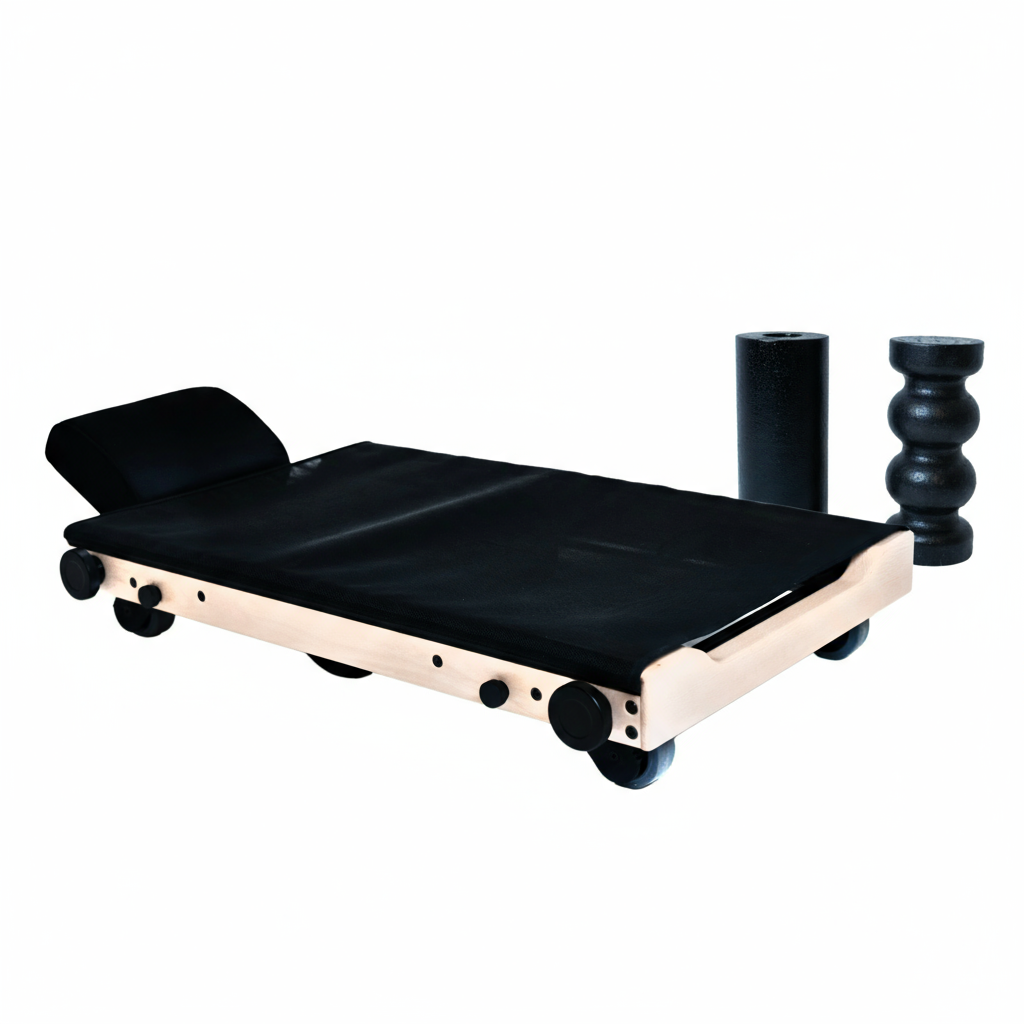 Movelio Bed Roller, a device for full-body massage, consisting of a flat base with wheels, a black cushion, and two black cylindrical rollers.