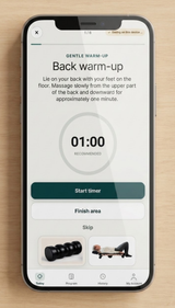 Movelio Companion App guided back warm-up session with timer