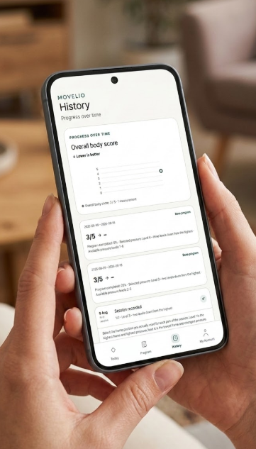 Movelio app progress and session history