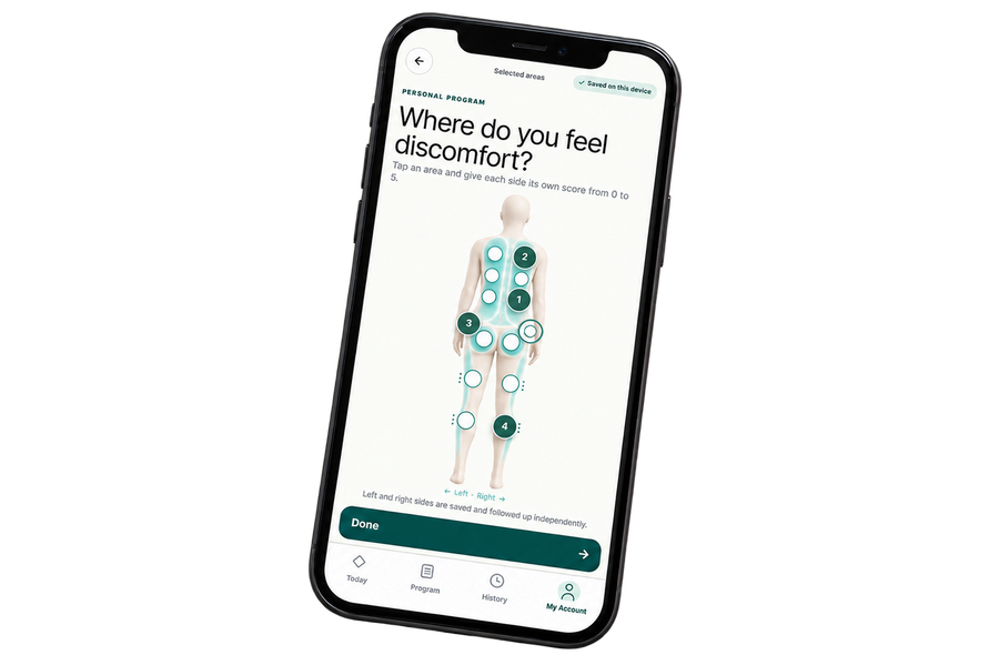 Movelio Smarter Recovery on a phone, showing the body map for selecting massage areas