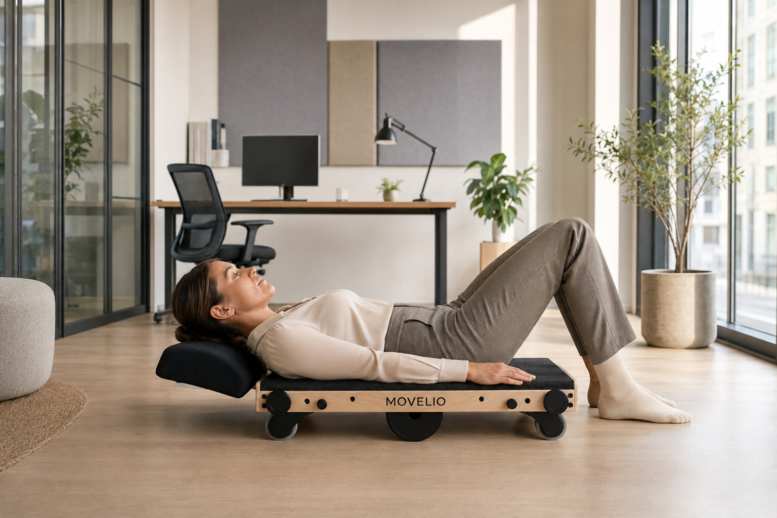 Kontoransatt bruker Movelio Bed Roller i et lyst, moderne arbeidsmiljø