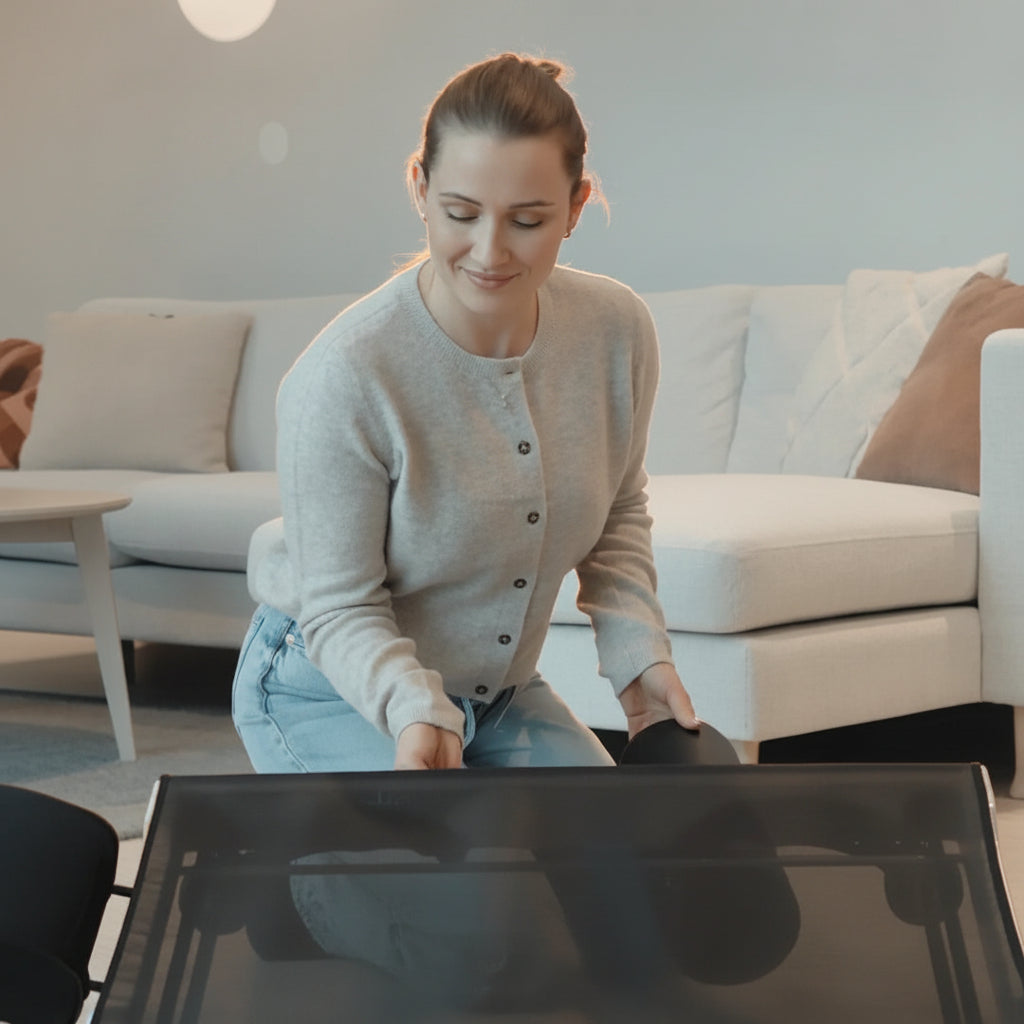 Person setting up the MOVELIO Bed Roller by placing the I-Roller attachment in a modern living room.