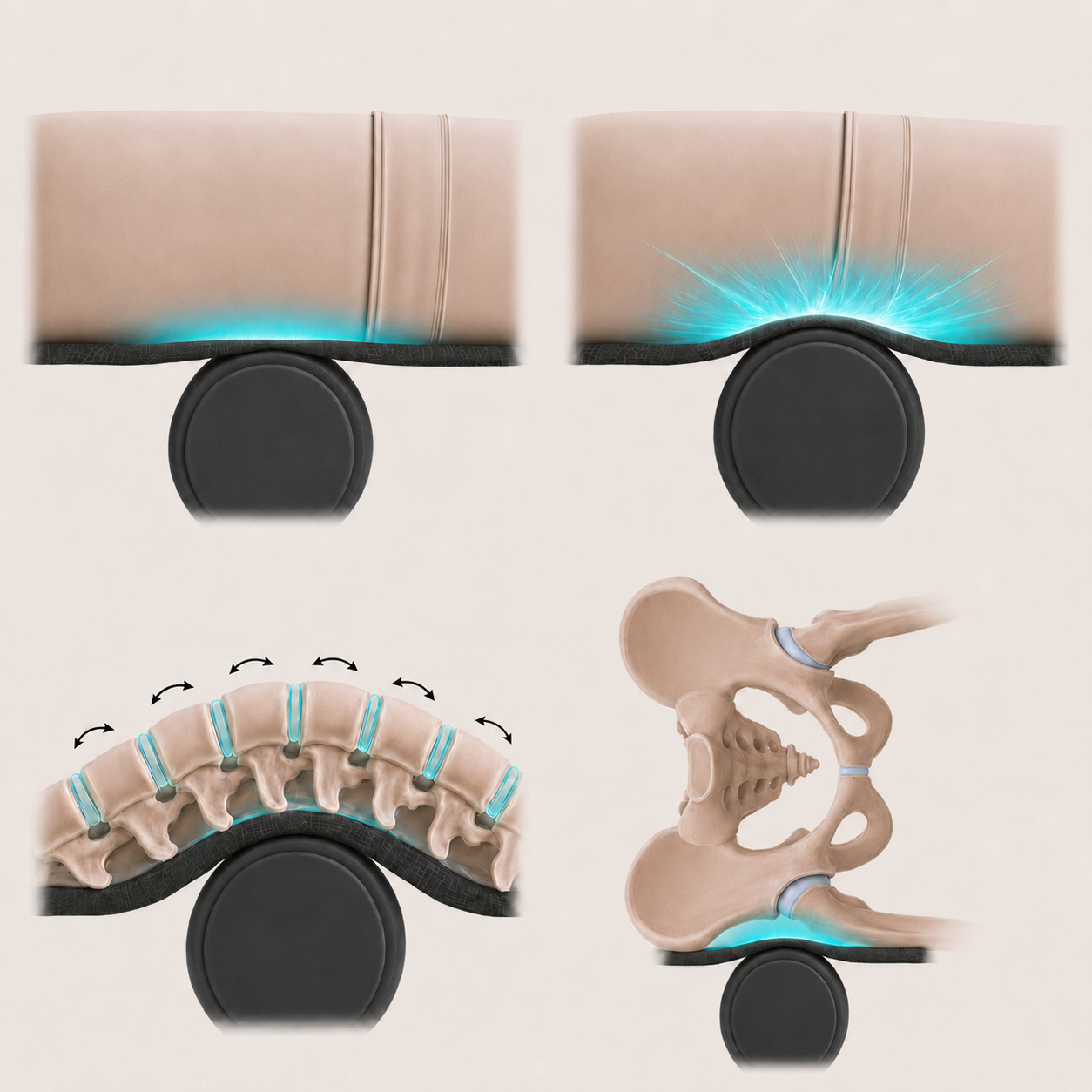 Illustration von sanfter und tieferer Massage durch das verstellbare Netz, kontrollierter Mobilisierung des Rückens und Massage an der Außenseite der Hüfte.