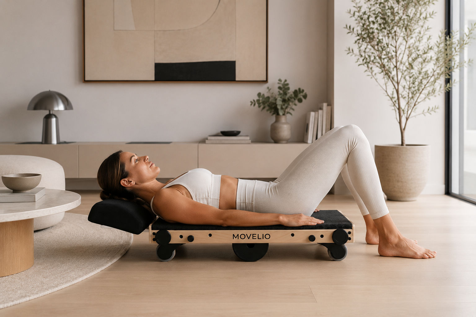 Woman using Movelio Bed Roller for self-controlled massage at home